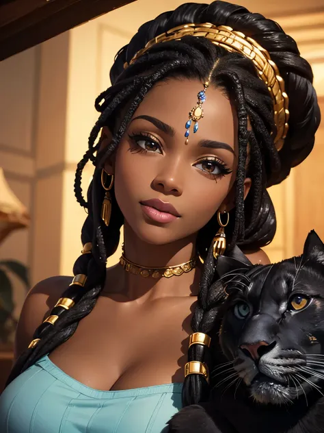 ((best quality)), ((masterpiece)), (detailed), (close up), (headshot), dark skin, perfect face beautiful African woman with beaded dreads, snuggling a panther, with Panthers,  surrounded by Panthers, HDR, 4K, 3D