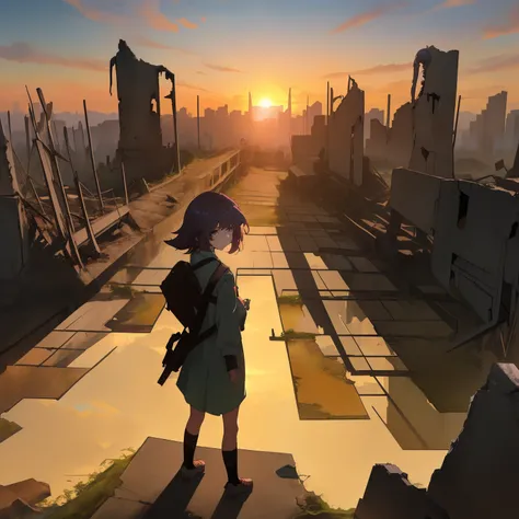 young girl standing in the ruins of a destroyed city, sunrise, cloude