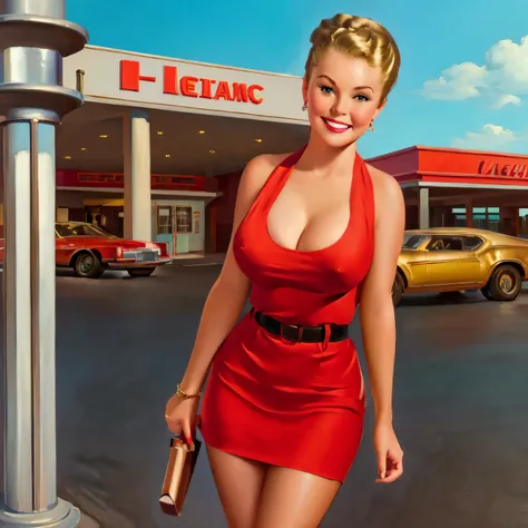 nsfw, photorealistic, beautiful face, (masterpiece:1.4), (best quality:1.4), extremely detailed, hyper-detailed, soft lighting, 38 years old pin-up woman standing at a red retro car,  big breasts, hard nipples, short blonde hairbun, shaved pubic area, (per...