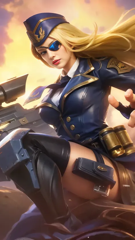 masterpiece, 8k, highly detailed, close-up image of a woman in uniform holding a gun, red lipstick