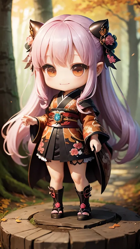 masterpiece、highest quality、super detailed、(Chibi character girl:1.2)、official art、Kimono with luxurious embroidery、wraith、Fairytale autumn forest、Lightning flash shell body standing figure、smile