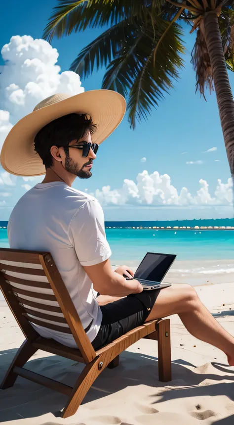 (best quality,4k,highres:1.2),realistic,man sitting with his back facing, working on his laptop on a paradisiacal beach, center of the image,sandy beach,crystal clear turquoise water,palm trees swaying in the gentle breeze,tropical atmosphere,serene and pe...