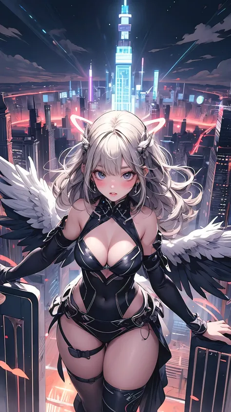 masterpiece, best quality, solo, woman, perfect slim fit body, thick thighs, large breasts, braided wavy hair, hair ornaments, dove wings, halo, draped in silk with glowing ancient markings, neon accents, hovering in the sky, looking over a futuristic city...