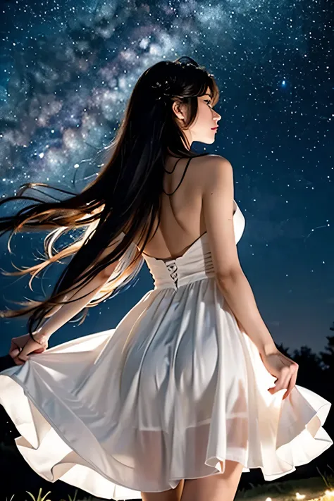 Back view of a woman with beautiful long hair、white dress。dance under the stars