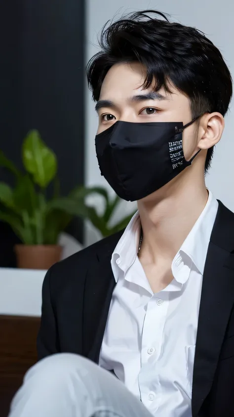 at office,wearing black mask,Attractive man,Live-action photo,Handsome and sunny,(SLR effect,真实感,8K,Hyper-detailing,Absolute realism)