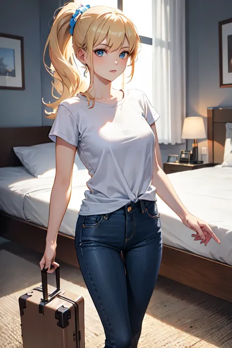 ((best quality)), ((masterpiece)), (detailed), perfect face, blond ponytail in white t-shirt and blue skinny jeans, takes things out of the travel suitcase in bedroom