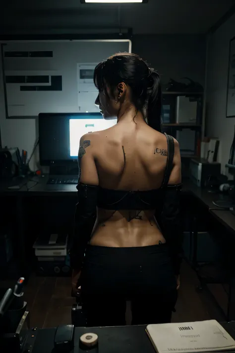 dark hacker room, with laptop and lisbet salander from back