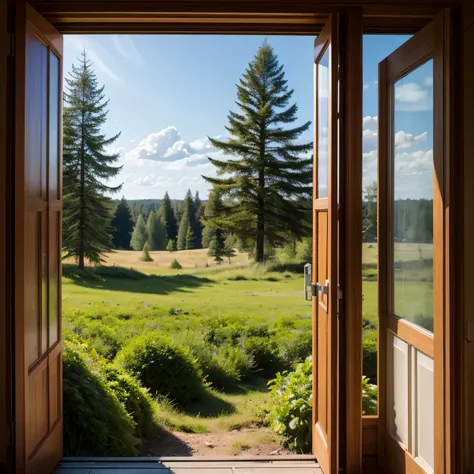 open window to Russian field and forest, summer, sunny, day, injure, frontal shooting