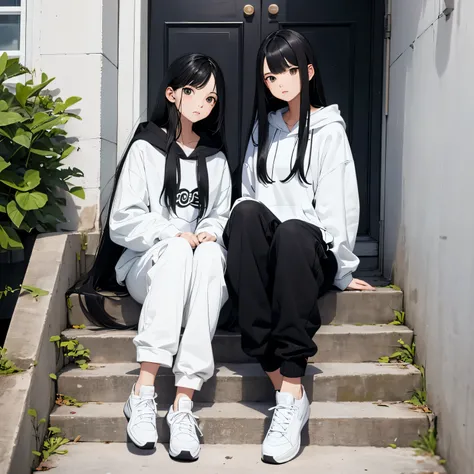 Two beautiful and cute girls, long black hair, white and black hoodie, trousers, sneakers, decent, tall, sit, stairs