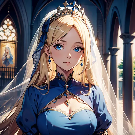 Blonde haired woman in blue dress with veil and veil over her head, linda donzela fantasia, Arte de fantasia detalhada, bela arte de fantasia, Loira - Princesa Cabelos, ArtGerm na ArtStation Pixiv, linda donzela, ((uma bela imperatriz fantasia)), 2. 5 d cg...