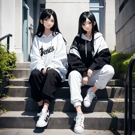 Two beautiful and cute girls, long black hair, white and black hoodie, trousers, sneakers, decent, tall, sit, stairs