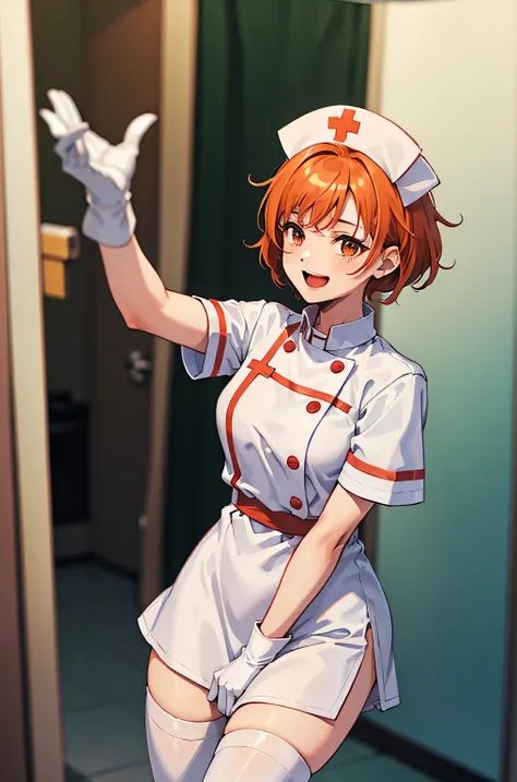 1girl, solo, nurse, nurse cap, white wear, ((white legwear, zettai ryouiki)), white gloves, very short hair, orange hair, smile,...