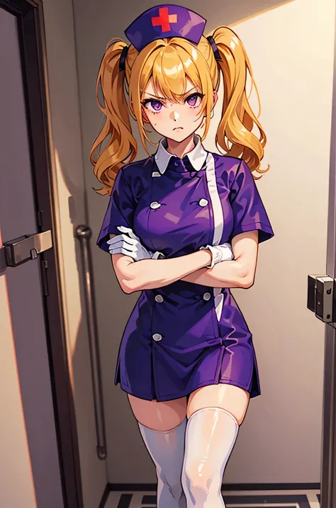 1girl, solo, nurse, nurse cap, white wear, ((white legwear, zettai ryouiki)), white gloves, twintails, yellow hair, purple eyes, angry, crossed arms, standing, ((hospital room)), sharp outline, short sleeves, best quality, masterpiece