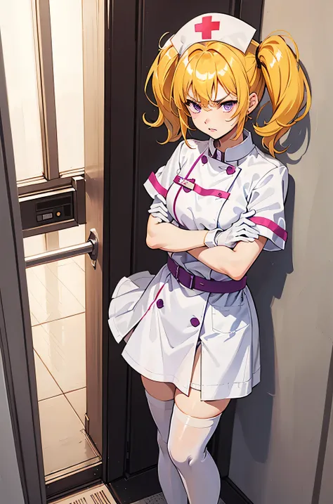 1girl, solo, nurse, nurse cap, white wear, ((white legwear, zettai ryouiki)), white gloves, twintails, yellow hair, purple eyes, angry, crossed arms, standing, ((hospital room)), sharp outline, short sleeves, best quality, masterpiece