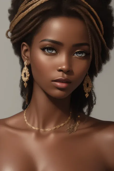 Best quality, 4k, 8k, high resolution, masterpiece : 1.2, ultra-detailed, (art, cartoon color : 1.37), HDR, thick lines, portraits, femme africaine, dark skin, elegant pose, courbes magnifiques, intricate details, elaborate hairstyle, traits faciaux fins, ...