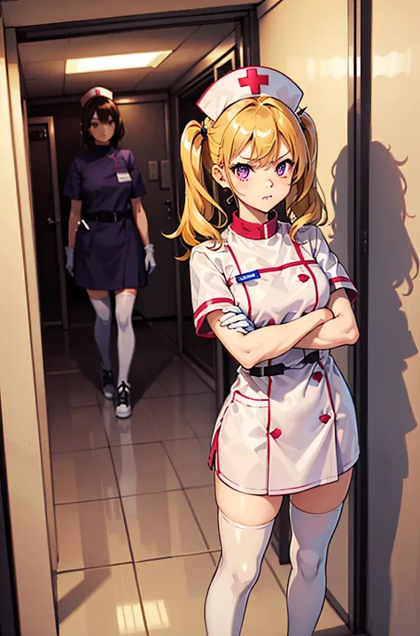 1girl, solo, nurse, nurse cap, white wear, ((white legwear, zettai ryouiki)), white gloves, twintails, yellow hair, purple eyes, angry, crossed arms, standing, ((hospital room)), sharp outline, short sleeves, best quality, masterpiece