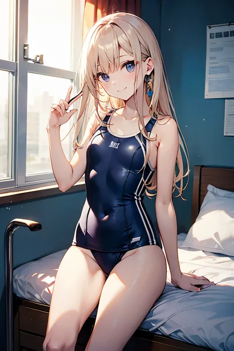 High quality、highest quality、complete limbs、Ultra high definition、Smooth straight hair、Shining eyes、full finger、slender beauty、smile、Wearing a school swimsuit、shiny skin、knee high、girls cute room、Dramatic Writing