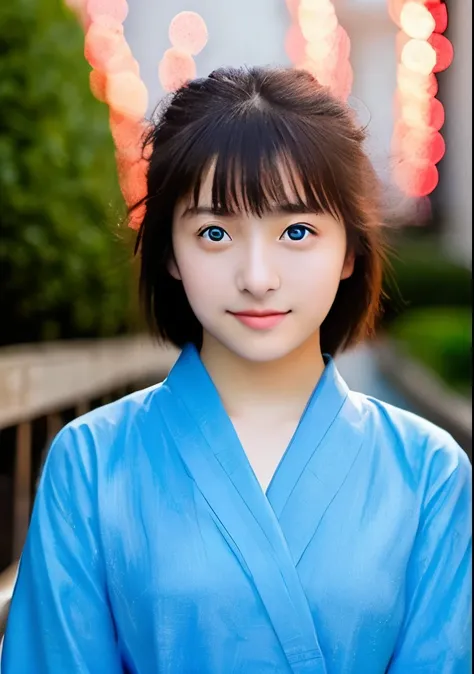 ((masterpiece, top quality, ultra-clear, HD)), alone, beautiful girl, shining eyes, perfect eyes, 16 years old, blue theme, yukata, fireworks