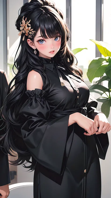 best quality, (photorealistic:1.2), masterpiece, best quality, solo, woman, perfect slim fit body, thick thighs, large breasts, detailed face, face focus, standing, black hair,(hair ornament:1.35),office lady, ribbon-trimmed sleeves, detached sleeves, ribb...