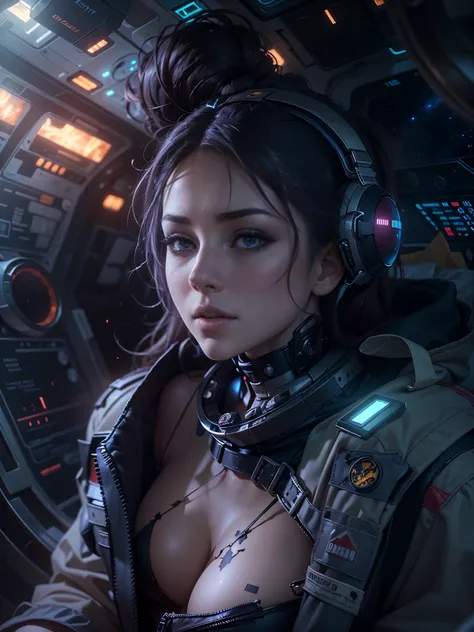 Masterpiece, art, young beautiful woman, flawless skin, smooth skin, very large firm breasts, perfect proportions, space captain, in destroyed spaceship, debris, barely any light, fog, sparks, dark, gloomy, bikini outfit, in the future, anime, sexy, erotic...