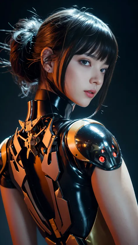 of the highest quality, masutepiece, 超高分辨率, ((Photorealistic: 1.4), RAW photo, 1 Cyberpunk android girl, Glossy glossy skin, (Super realistic details)), Mechanical limbs, Tubes attached to mechanical parts, Mechanical vertebrae attached to the spine, mecha...