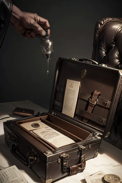 Close-up angle, a briefcase open on a tabletop, revealing a discreetly hidden ((vial of poison)). The briefcase is made of leather, exuding sophistication and professionalism. The vial is small and inconspicuous, containing a deadly substance. The lighting...