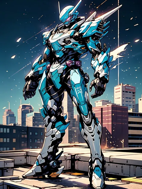 A super  a high-tech biotech battle suit, standing on a rooftop, looking over the city, Japanese tokusatsu and American comic style, biometallic texture of the suit, sleek and shiny, dynamic, fast, natural light, cinematic, high quality, high resolution, h...