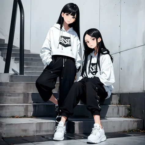 Two beautiful and cute girls, long black hair, white and black hoodie, trousers, sneakers, decent, tall, sit, stairs