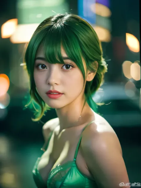 {{masterpiece}}, {{highest quality}}, {{Super detailed}}, {{illustration}}, cinematic lighting,beautiful delicate shine, dynamic angle, Depth of bounds written, light_leak, wonderful, fine details, 4k, 8K,japanese idol, green hair, green one piece/lingerie...