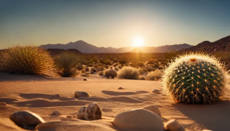 USA desert, landscape shot, panoramic shot, desert with some small barrel cactus and rocks, dry soil, sand, rocks,  sun, warm, mountains on horizon, masterpiece, best quality, high quality, extremely detailed CG unity 8k wallpaper, oil paiting, award winni...