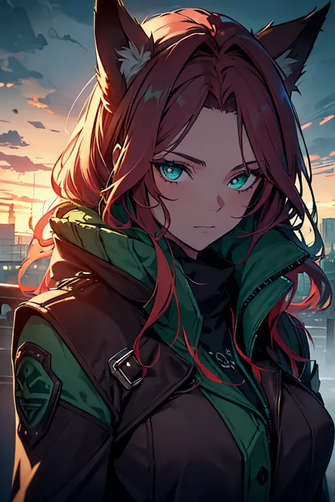 masterpiece, best quality, ((girl)), (colorful),(finely detailed beautiful eyes and detailed face),cinematic lighting,extremely detailed CG unity 8k wallpaper, sky, cloudy_sky, building, (dark theme:1.3), light, fantasy, Fox Ears, red hair and green eyes, ...