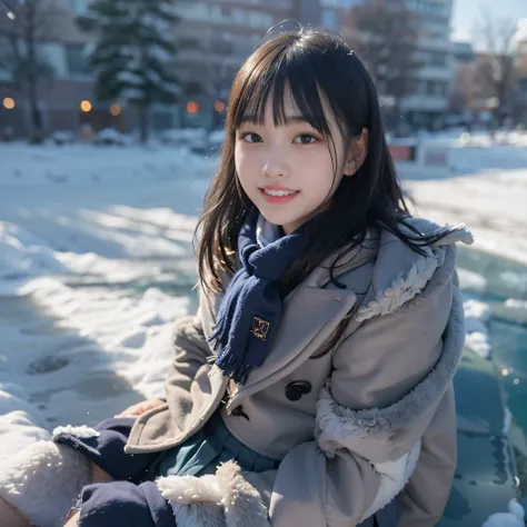 masterpiece、highest quality、super realistic、surreal、Ultra high definition、8k、Raw photo、textured skin、A Nogizaka girl sitting and playing on the snow,(16 years old,medium bob hair,bangs,black hair,floating hair,slim,small face,chest is small,thin waist,smal...