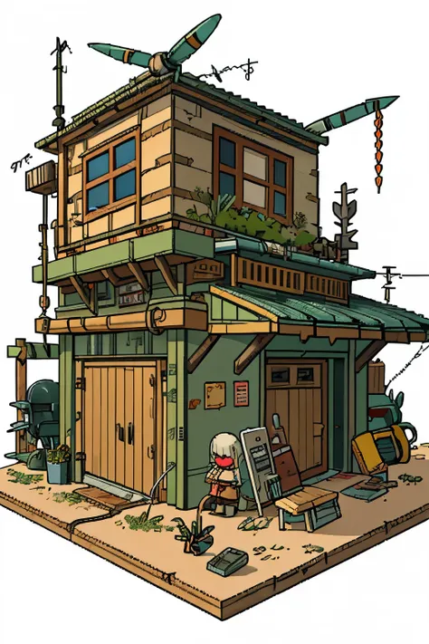 pixel,the girl writes,wanderer in robes, in the cabin of the plane,Small wooden table,sitting on a wooden chair, ruined area, (destroyed house), (sharp iron spikes, tires,barbed wire,Masked wanderer, Reading,potted plant,spear sticks behind your back,((apo...