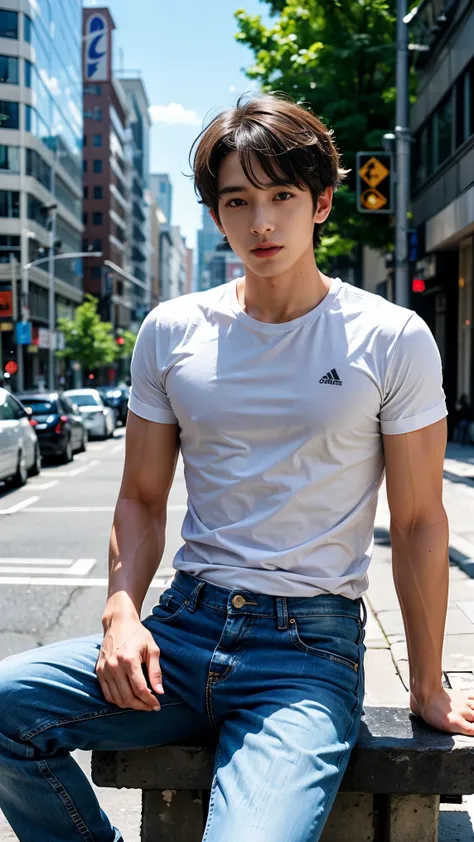 shirtless man、muscular、white shirt、denim pants、sunny city、sit on a bench