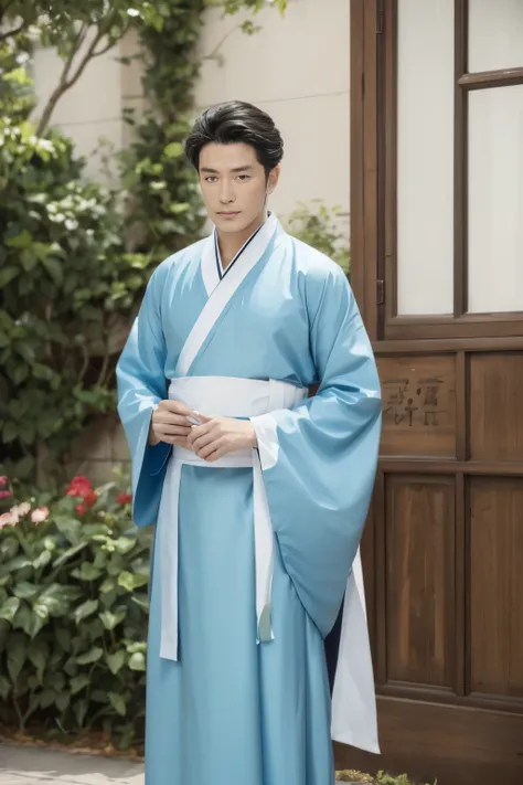 chinese medicine，middle aged male，light blue hanfu，hair coiled up，在chinese medicine院里，hanfu style