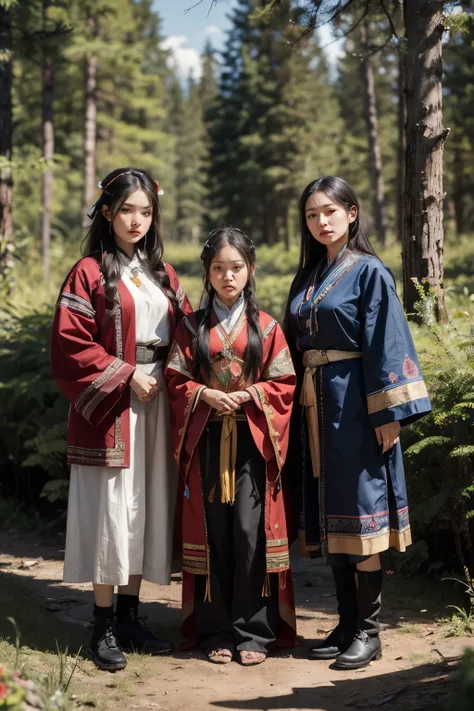 a portrait of 3 female native siberian russia tribe band group name otyken standing inside forest 