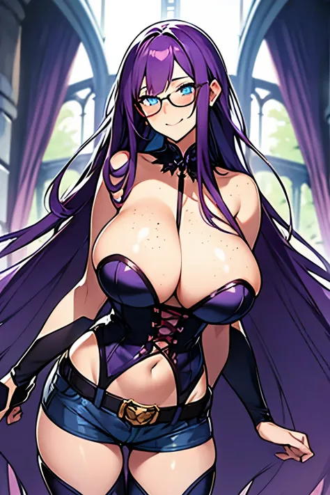 beautiful woman, purple hair, blue eyes, glowing eyes, freckles, gigantic breasts, cleavage, thin body, extremely long hair, strapless bustier, frayed short shorts, thigh high boots, thin frame eyeglasses, bare arms, smiling, blushing, ultra detailed, cast...