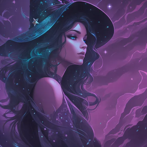 high quality, stary night blue black beautiful magical woman, magic hat, splash arts, aesthetic for Tshirt design, highly detailed, darktone