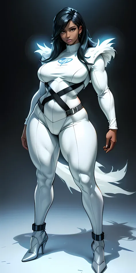 Nicki Minaj cosplaying as Emma Frost from Marvel, ((dark skin)), black hair, well-defined muscular legs, chubby physique, (((wide waist))), frontal, full-length, looking at the camera, facing the audience, standing pose,  background, three-dimensional ligh...