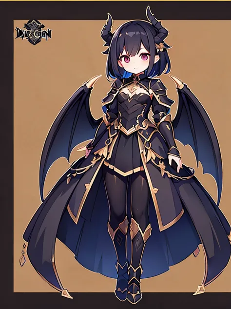 Full body portrait、girl、wearing black armor、dragon wings、dragon tail、black hair