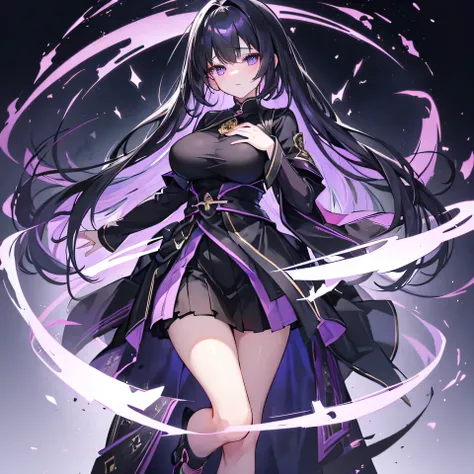 beautiful girl、black髪ボブ、light purple shining eyes、monastic clothes（black）、mini skirt、full body portrait、super big breasts、Breasts that are about to fall out、firm chest、shiny hair、full body portrait、refer５Book、upper grade、Animation style top quality、Shyness...