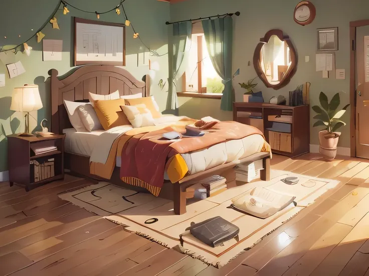 There is a bed，The headboard is wooden，There is a book about it, RPG style bedroom, personal room background, cozy room, a sunny bedroom, Studio Ghiblis bedroom, photorealistic room, comfortable environment, 3 d stylize scene, relaxing concept art, highly ...