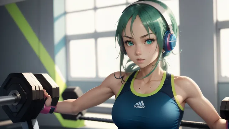 a blue-green-eyed anime girl with headphones working out in the gym, illustrations, vibrant colors, sharp focus, detailed facial features, athletic body, energetic pose, sweatdroplets, gym equipment, dynamic lighting