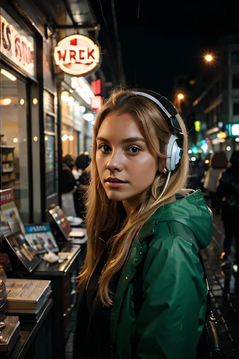 a young blonde woman with green eyes holding an umbrella while listening to music in headphones in the rain lit by the neon of a store