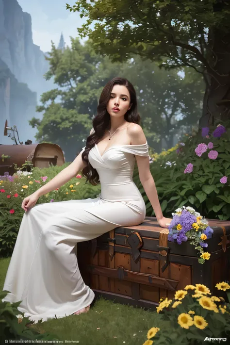 ((best quality)), ((beautiful girl in white dress sitting on wooden trunk in a garden holding a bunch of wild flowers, beautifull face, long hair, d & d, fantasy, intricate, elegant, highly detailed, digital painting, artstation, concept art, matte, sharp ...