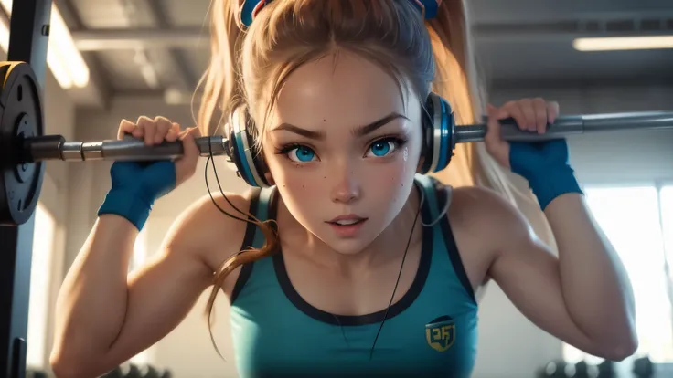 a blue-green-eyed anime girl with headphones working out in the gym, illustrations, vibrant colors, sharp focus, detailed facial features, athletic body, energetic pose, sweatdroplets, gym equipment, dynamic lighting