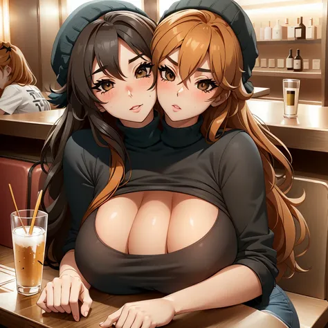 2 heads, a short thin woman with 2 heads. sitting at a table in a bar. clothed. three boobs. extremely huge breasts. massive rou...