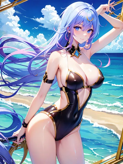 Tang Wutong, big boobs, wearing a sideboob revealing swimsuit, beach