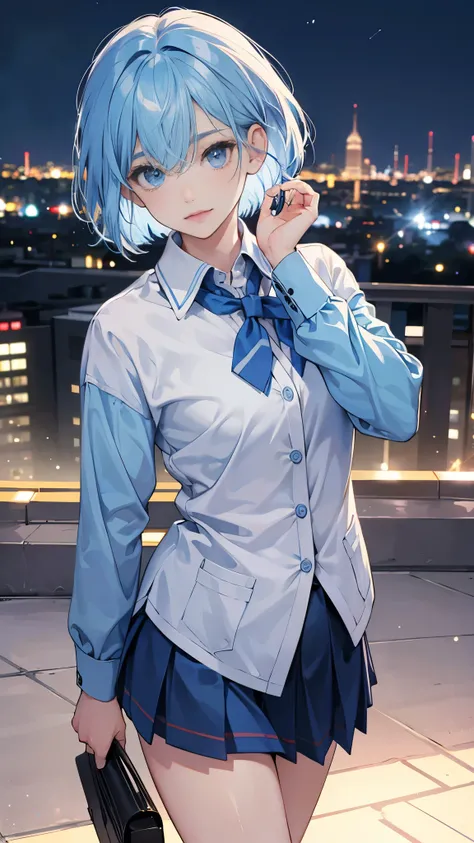 best image quality、highest quality、8K、upper body、school uniform、thighs、long sleeve、light blue hair、bob hair、blue eyes、downtown at night、bright blurred background