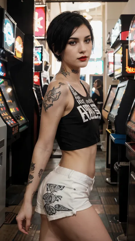 Beautiful skinny white girl with tattoos, short black hair, short patterned t-shirt, black shorts, makeup, red lipstick, great lighting, in an arcade in Los Angeles